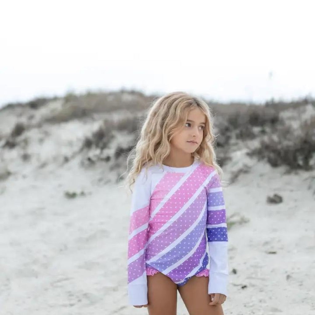 Girls Pink Lavender Stripe Zip Rash Guard One Piece Swimsuit