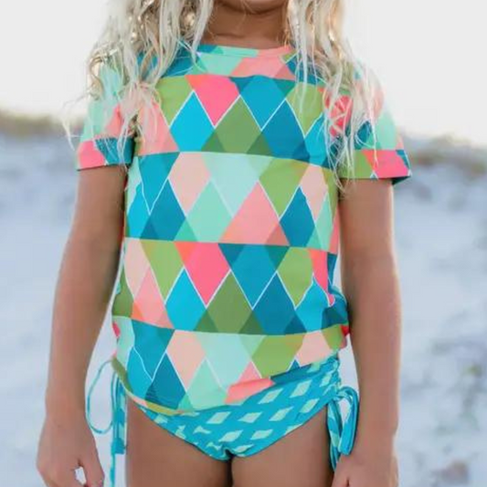 Girls Teal Peach Diamond Rash Guard Swimsuit