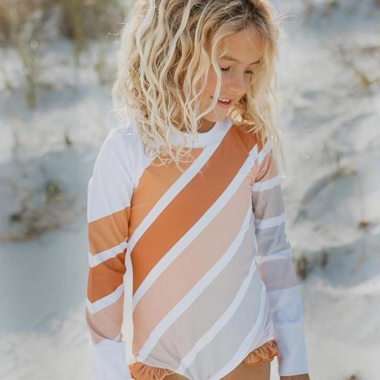 Girls Beige Stripe Rainbow Zip Rash Guard One Piece Swimsuit