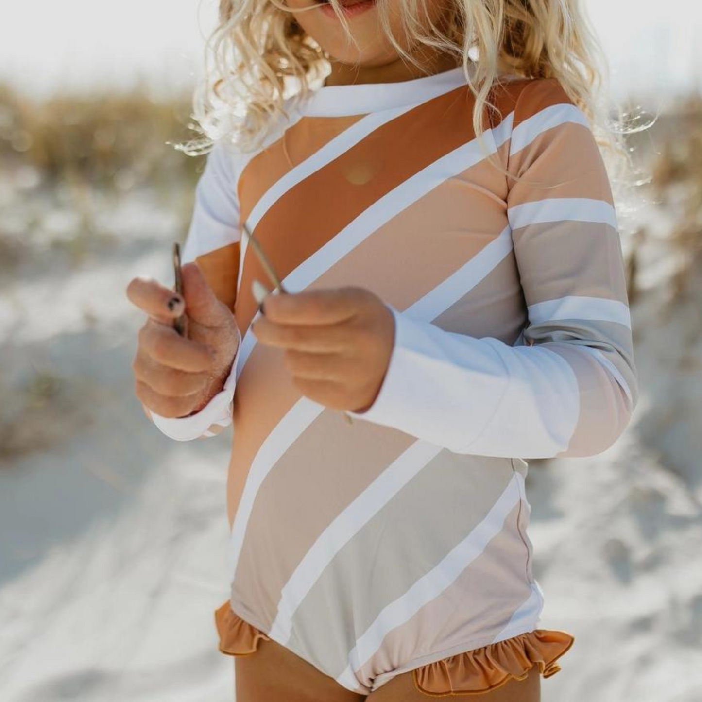 Girls Beige Stripe Rainbow Zip Rash Guard One Piece Swimsuit