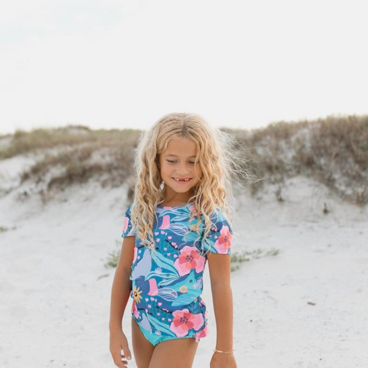 Girls Blue Coral Abstract Rash Guard Ruffle Swimsuit