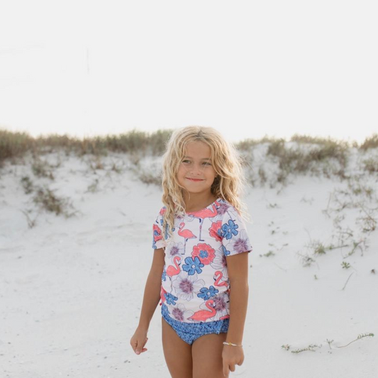 Girls  Coral & Periwinkle Flamingo Rash Guard Ruffle Swimsuit