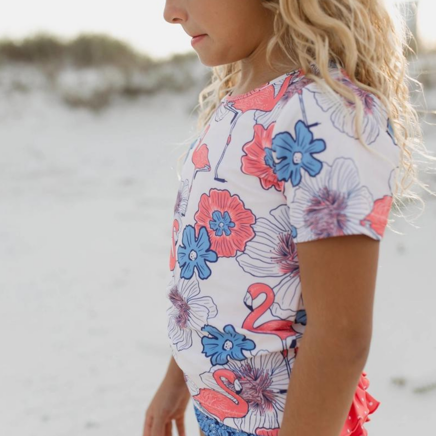 Girls  Coral & Periwinkle Flamingo Rash Guard Ruffle Swimsuit