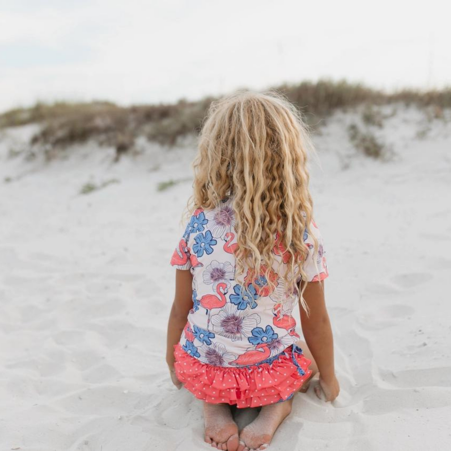 Girls  Coral & Periwinkle Flamingo Rash Guard Ruffle Swimsuit