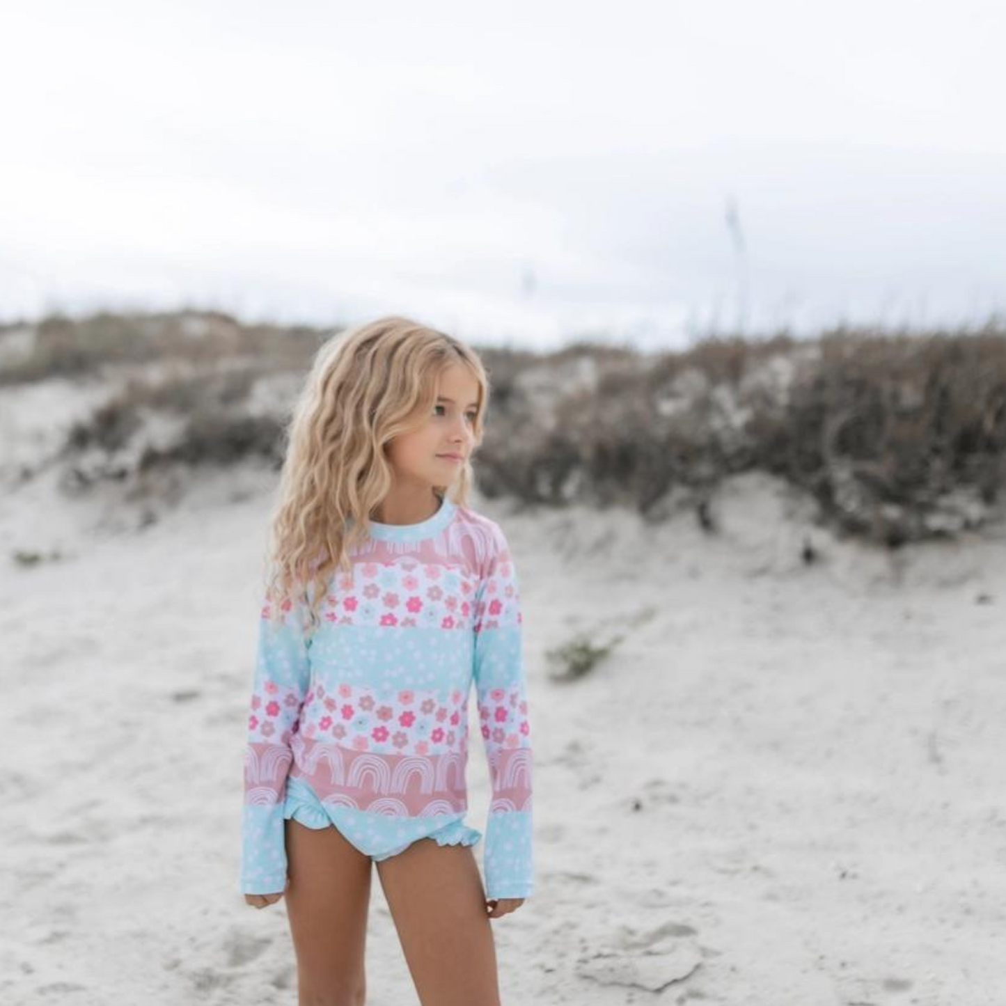 Girls Flower & Rainbow Zip Rash Guard One Piece Swimsuit