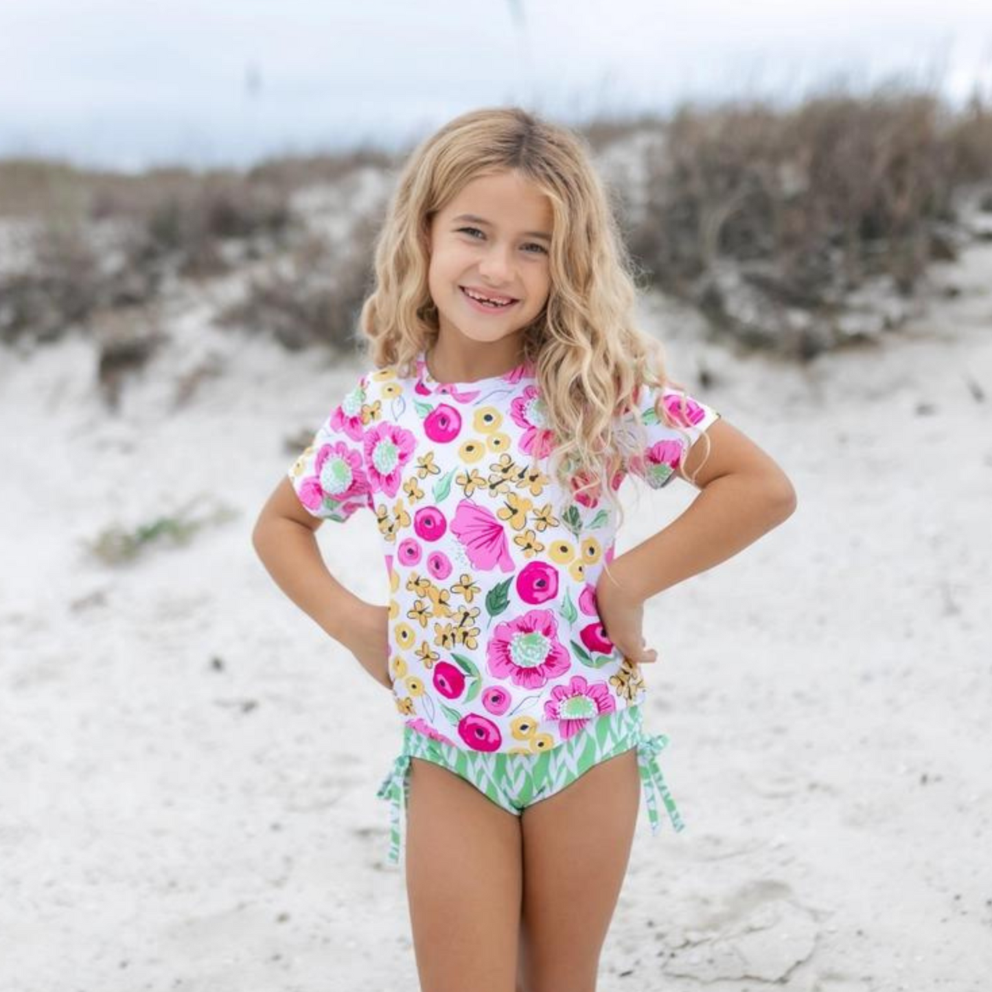 Girls Green, Mustard & Pink Floral Rash Guard Swimsuit