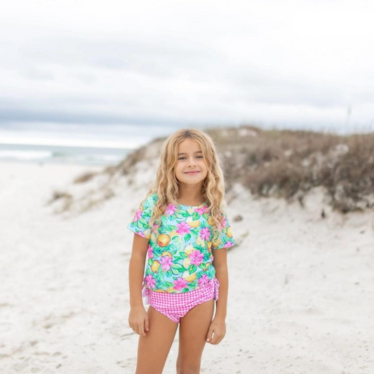 Girls Hot Pink Lemon Rash Guard Ruffle Swimsuit