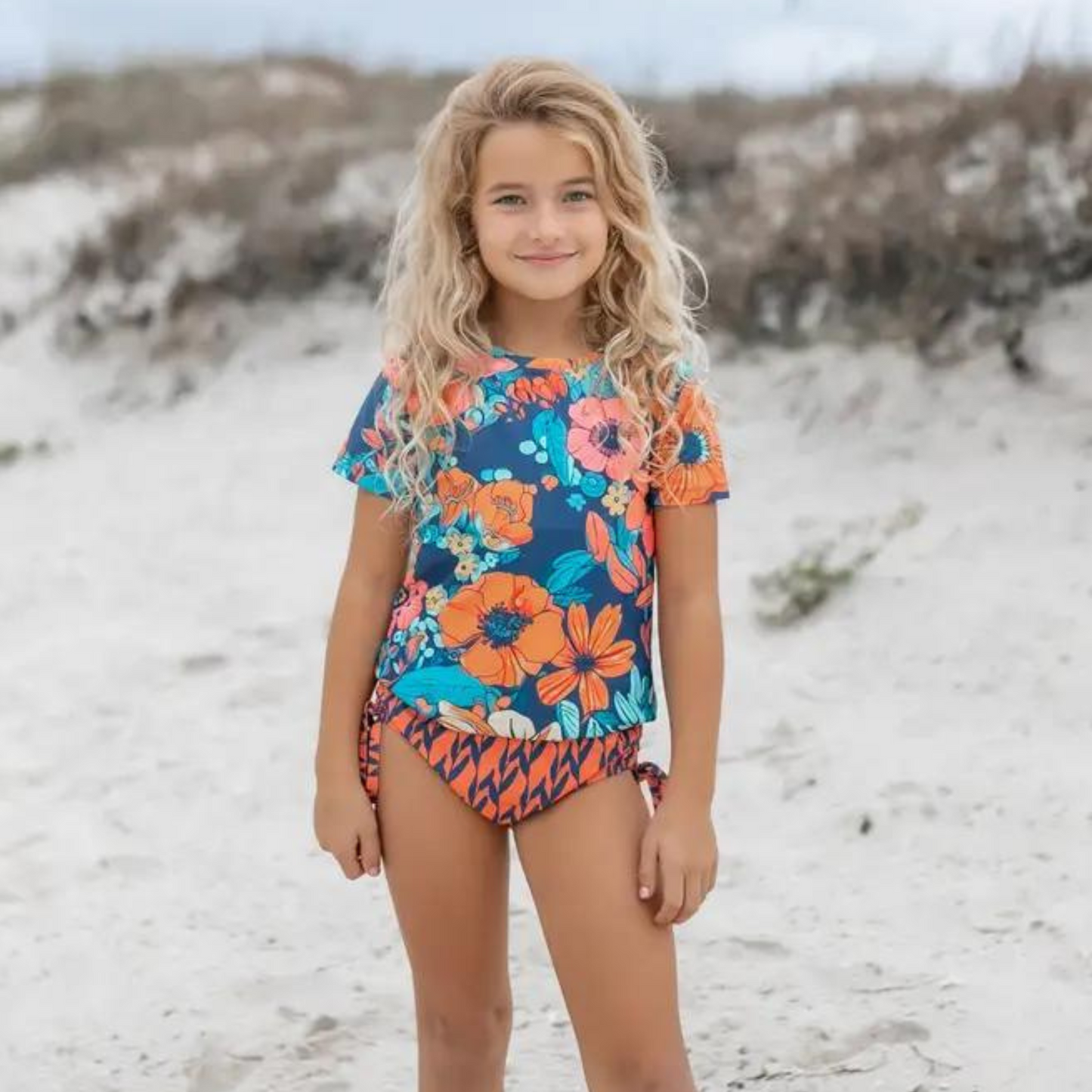 Girls Navy & Orange Floral Short Sleeve Rash Guard Swimsuit