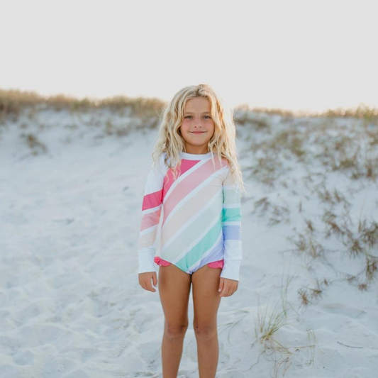 Girls Pastel Rainbow Stripe Zip Rash Guard One Piece Swimsuit