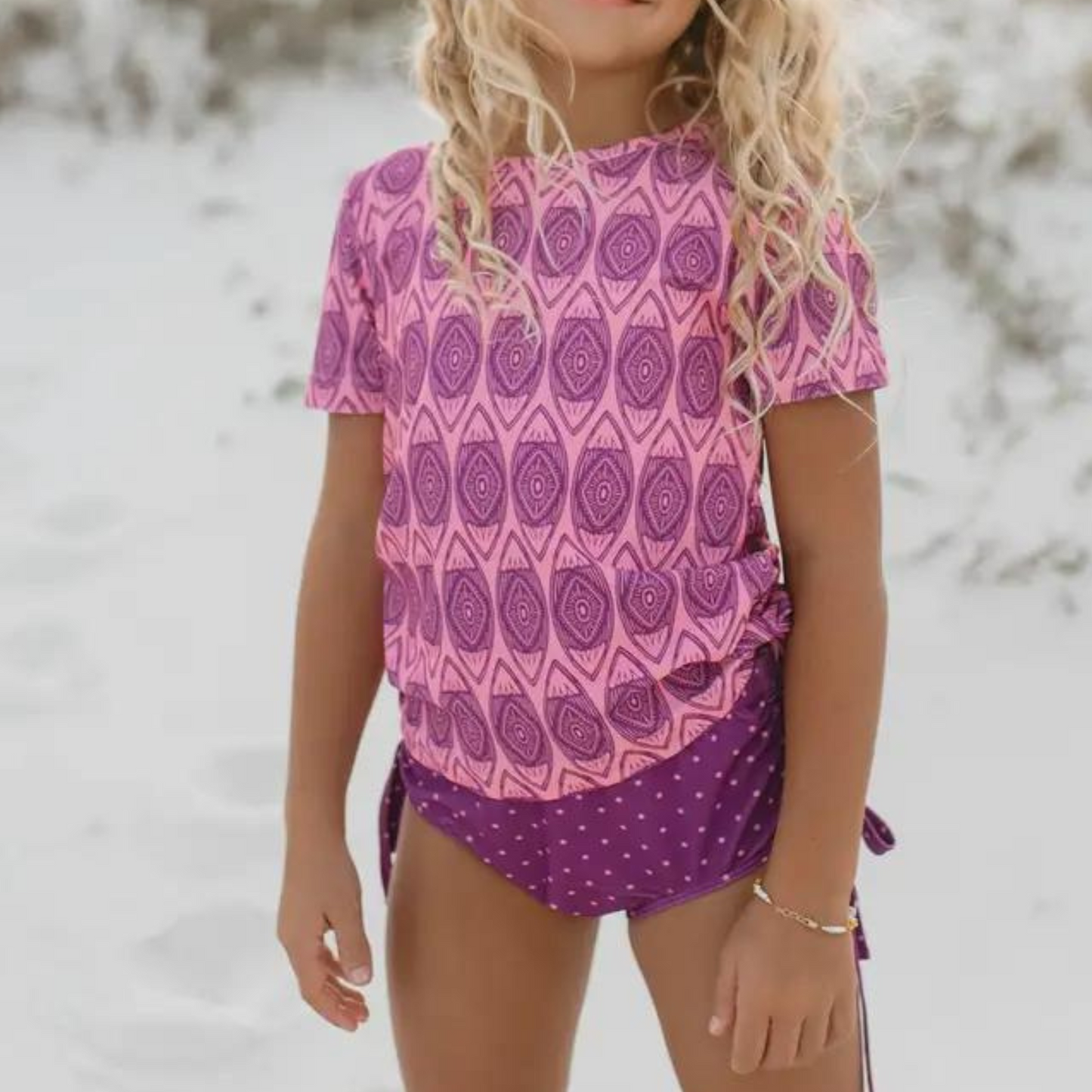 Girls Pink Purple Tiki Surfboard Rash Guard Swimsuit