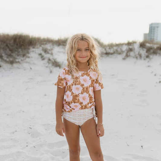 Girls Pink & Tan Tropical Flower Rash Guard Ruffle Swimsuit