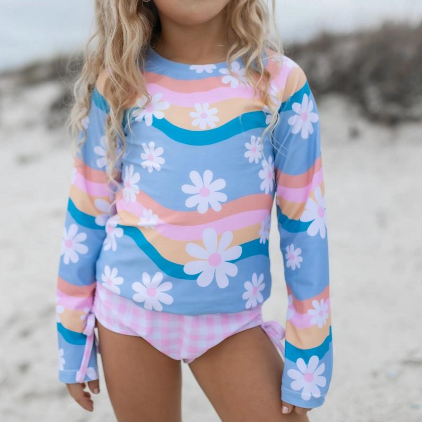 Girls Retro Daisy Long Sleeve Rash Guard Swimsuit