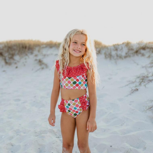 Girls Rust Rainbow Dot Ruffle Two Piece Swimsuit Set